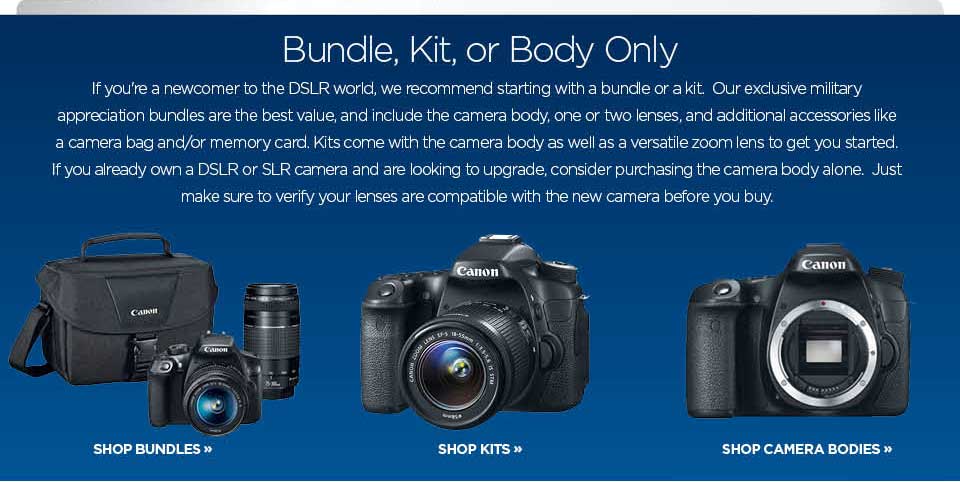 Shop camera bundles, camera kits, or camera bodies