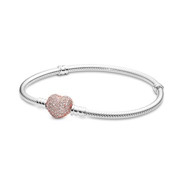 Pandora Moments Rose Gold Pave Heart Clasp Snake Chain Bracelet, 7.1