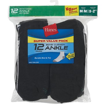 Hanes Boys' 12-Pack Ankle Socks, Small