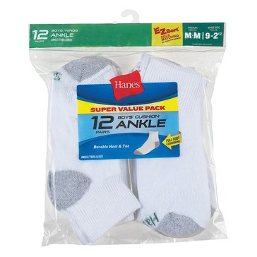 Hanes Boys' 12-Pack Ankle Socks, Medium