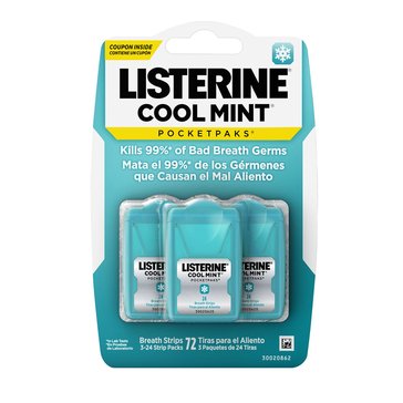 Listerine Cool Mint Pocketpacks 3-Pack Breath Strips, 72-count