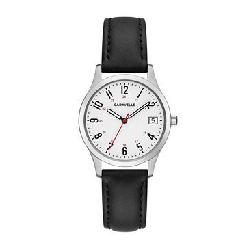 Caravelle Womens Black Leather Strap White Dial Date Marker Watch 30mm