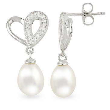 Imperial Freshwater Cultured Pearl and White Topaz Heart Earrings, Sterling Silver