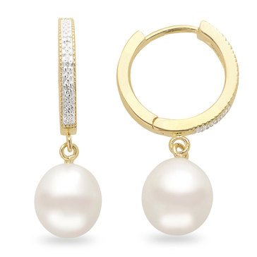 Imperial Freshwater Cultured Pearl and Diamond 14K Yellow Gold over Sterling Silver Hinged Hoop Earrings