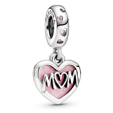 Pandora Mom Script Heart Pink Enamel and CZ Dangle Charm