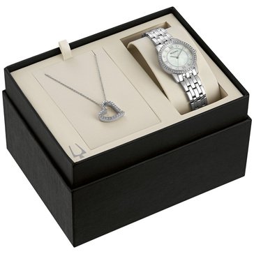 Bulova Women's Box Set Crystal Stainless Steel Watch With Heart Necklace