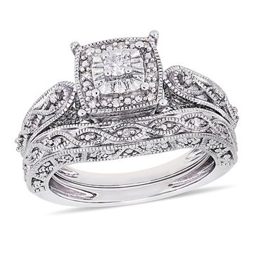 Sofia B. Sterling Silver 1/5 cttw Diamond Cushion Shape Filigree Bridal Set
