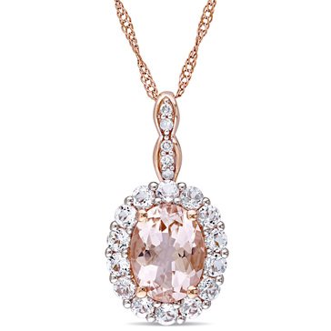 Sofia B. Oval-Cut Morganite, White Topaz and Diamond Accent Halo Drop Pendant