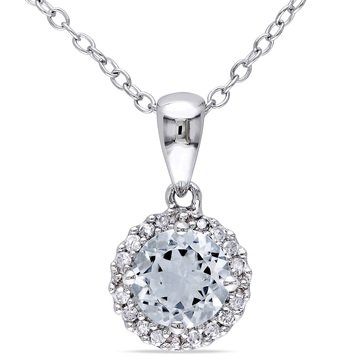 Sofia B. Sterling Silver 1/10 cttw Diamond and Aquamarine Halo Pendant