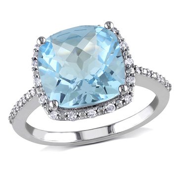 Sofia B. Cushion Cut Sky Blue Topaz and 1/10 cttw Diamond Halo Ring