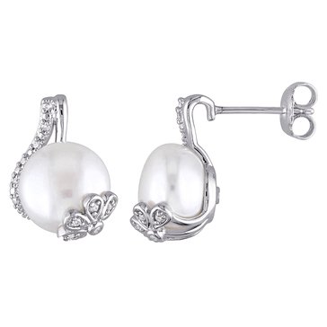 Sofia B. Freshwater Cultured White Pearl and 1/10 cttw Diamond Swirl Earrings