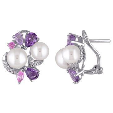 Sofia B. Amethyst, Rose de France, Sapphire and Freshwater Cultured Pearl Cluster Earrings