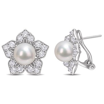 Sofia B. Freshwater Cultured Pearl and 2 3/4 cttw Created White Sapphire Floral Earrings