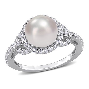Sofia B. Cultured Freshwater Pearl and 3/4 cttw White Topaz Halo Ring
