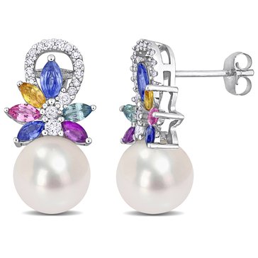 Sofia B. Freshwater Pearl, Multi-Sapphire and 1/8 cttw Diamond Flower Drop Earrings