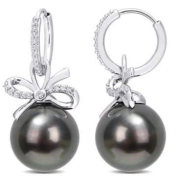 Sofia B. Cultured Black Tahitian Pearl and 1/4 cttw Diamond Bow Huggie Earrings