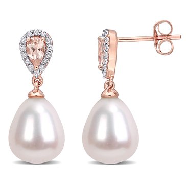 Sofia B. 10K Rose Gold Freshwater Cultured Pearl, Morganite and 1/7 cttw Diamond Drop Earrings