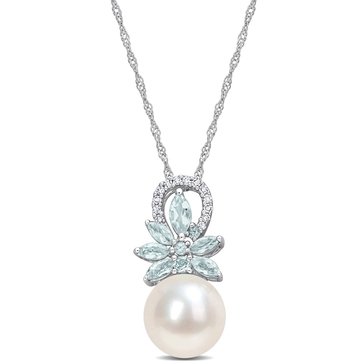 Sofia B. Cultured Freshwater Pearl, Aquamarine and 0.07 cttw Diamond Pendant