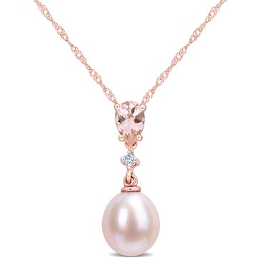 Sofia B. Freshwater Cultured Pink Pearl with Pear Shape Morganite and Diamond Accent Drop Pendant
