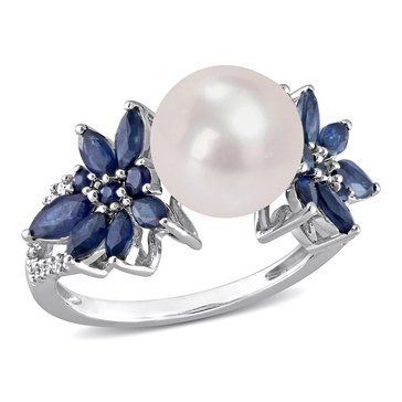 Sofia B. Cultured Freshwater Pearl, Sapphire and 1/8 cttw Diamond Flower Ring