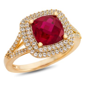 Cushion Cut Created Ruby and Lab Created White Sapphire Ring