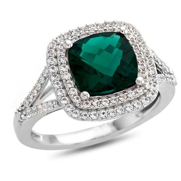 Cushion Cut Created Emerald and Lab Created White Sapphire Ring