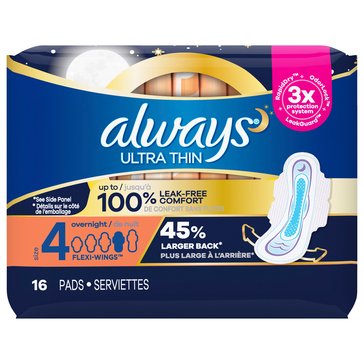Always Ultra Thin Size 4 Overnight Pads with Wings