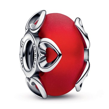 Pandora Frosted Red Murano Glass and Hearts Charm