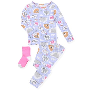 Sleep On It Baby Girls Elephant 2-Piece Long Sleeve Tight Fit Sleep Set with Socks