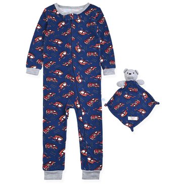 Sleep On It Baby Boys Firetruck Zip Front Coverall with Blanket Buddy