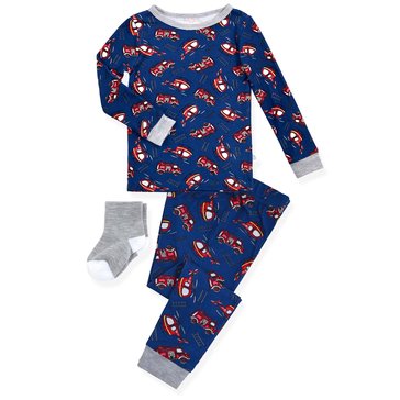 Sleep On It Baby Boys Firetruck 2-Piece Long Sleeve Tight Fit Sleep Set with Socks