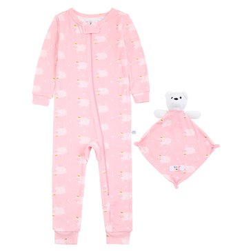 Sleep On It Baby Girls Sheep Zip Front Coverall with Blanket Buddy