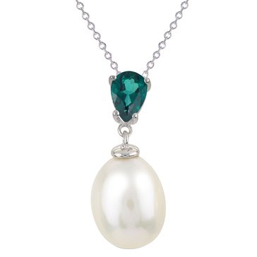 Imperial Freshwater Cultured Pearl and Pear Cut Lab Created Emerald Pendant