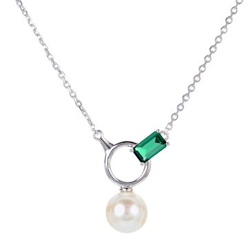 Imperial Freshwater Cultured Pearl and Baguette Cut Lab Created Emerald Necklace