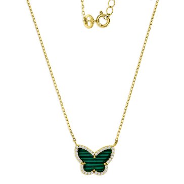 Polished White Cubic Zirconia and Malachite Butterfly Necklace