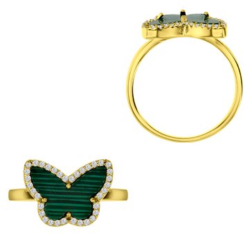 Polished White Cubic Zirconia and Malachite Butterfly Ring