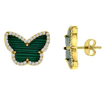 Polished White Cubic Zirconia and Malachite Butterfly Studs