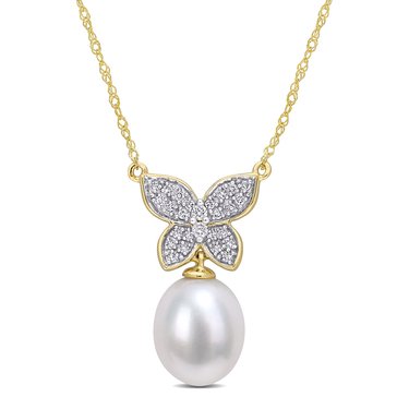 Sofia B. Freshwater Cultured Pearl and 1/8 cttw Diamond Butterfly Drop Pendant