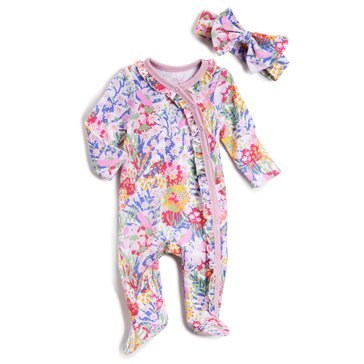 Wanderling Baby Girls Floral Ruffle Coverall with Headband