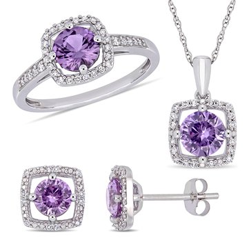 Sofia B. 3 1/5 cttw Simulated Alexandrite and 1/3 cttw Diamond Square Earrings, Pendant and Ring Set