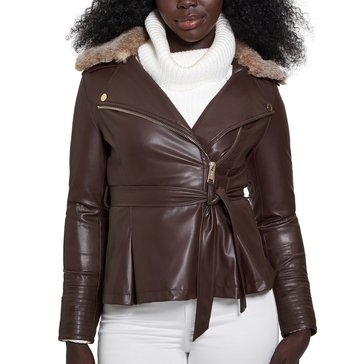 Guess Women's Tulip Peplum With Faux Fur Collar Zip PU Jacket