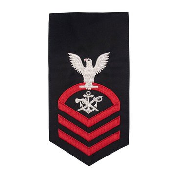 Men's E7 (SBC) Rating Badge in STANDARD Red on Blue POLY/WOOL for Special Warfare Boat Operator 