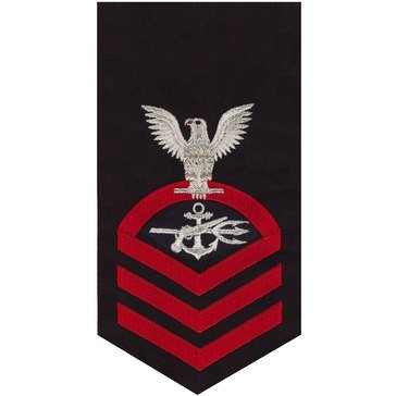 Men's E7 (SOC) Rating Badge in STANDARD Red on Blue POLY/WOOL for Special Warfare Operations