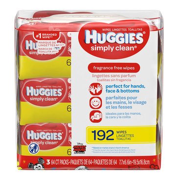 Huggies Simply Clean Unscented 3-Pack Baby Wipes,64ct